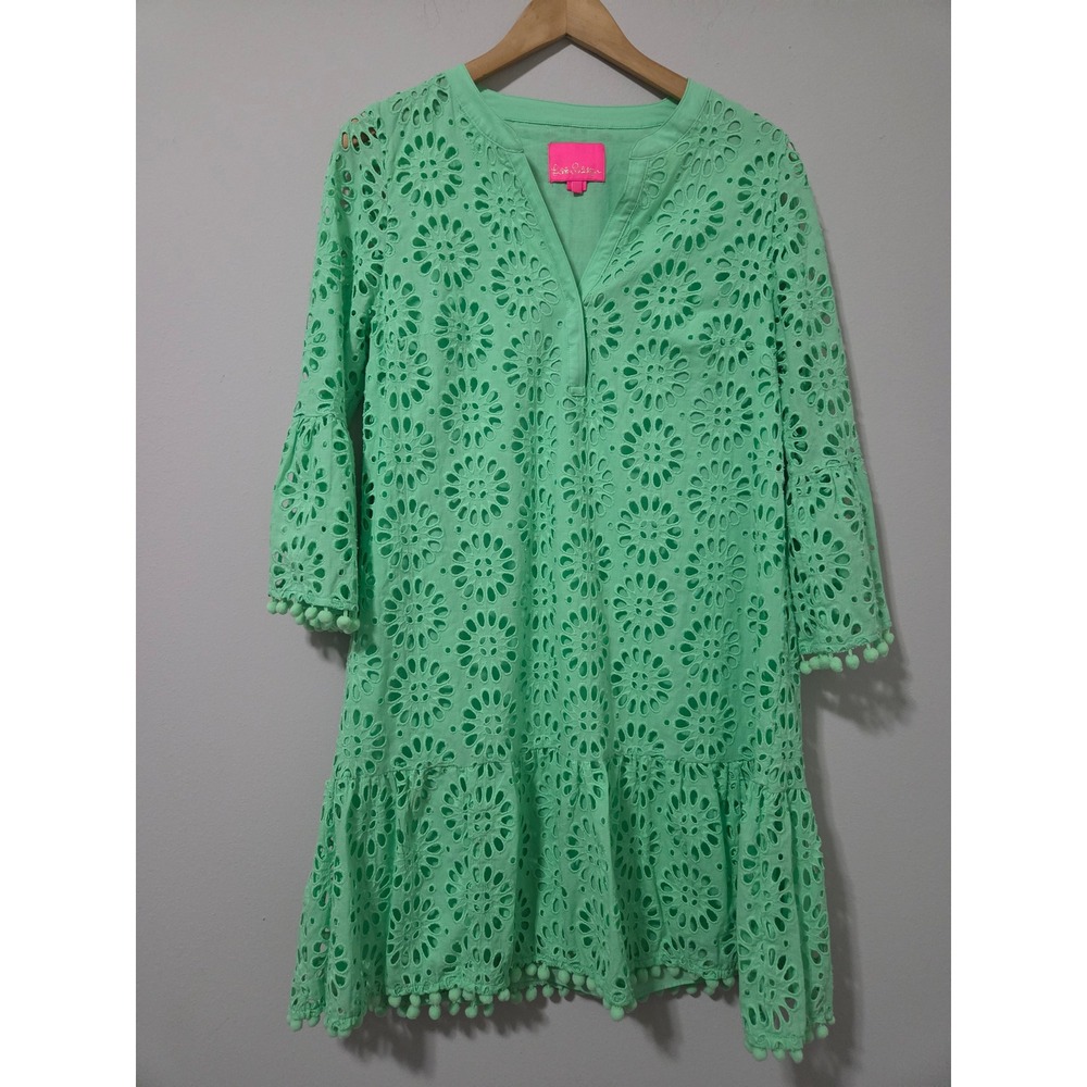 Lilly Pulitzer Green Eyelet Cotton Shift Dress Pom Pom Trim Split Neck Medium